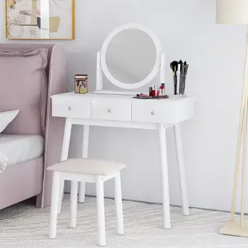 

Europe Style White Dressing Table Set with Round Mirror and Stool Girls Makeup Desk Dresser with 3 Drawers Bedroom