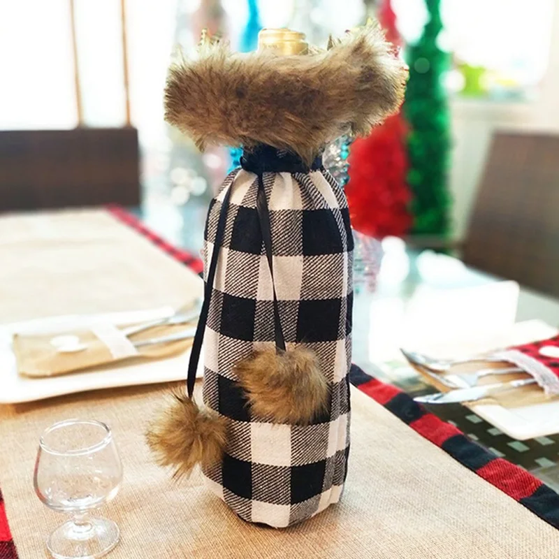 New Christmas Decorations Red Wine Bottle Covers Set Kitchen Santa Sacks Buffalo Plaid Home Decoration Accessories