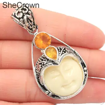

52x26mm Fantastic Long Goddess White Face,Golden Citrine Ladies Gift Silver Pendant