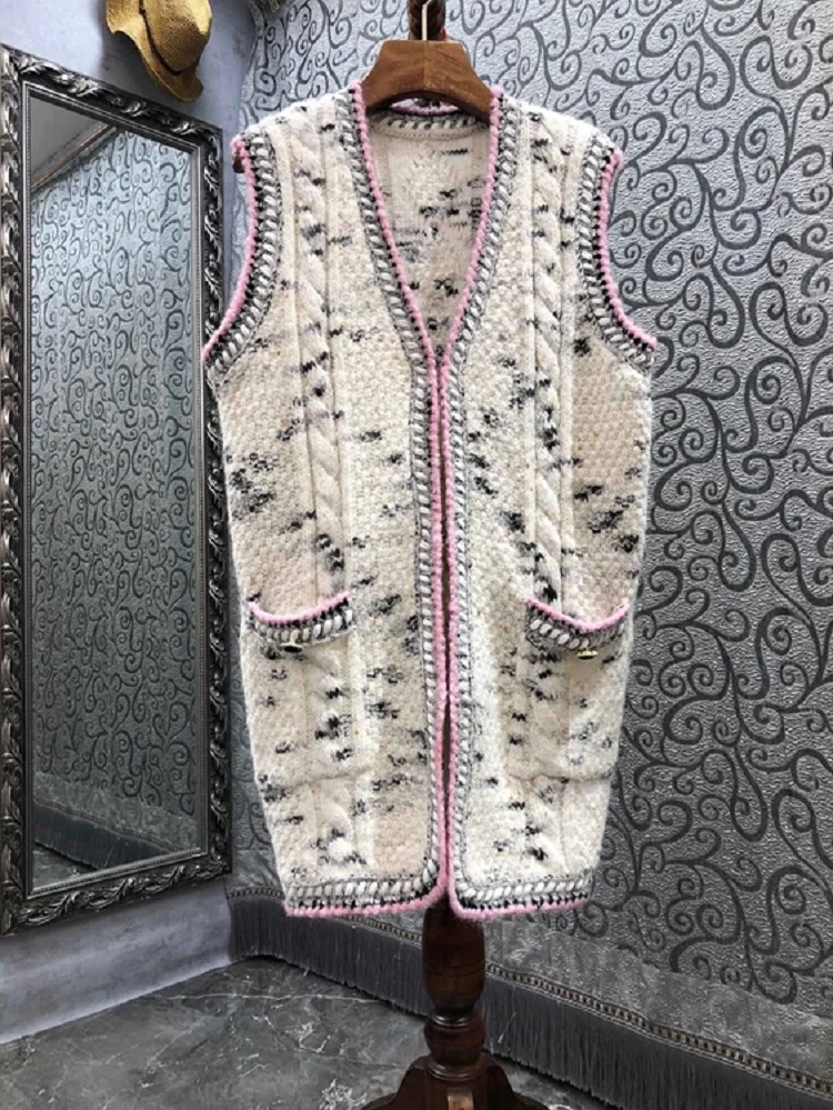 

High Quality Wool Cardigans 2022 Spring Autumn Vest Jacket Women Wool Knitting Pocket Patchwork Casual Wool Tops Coat Outwear
