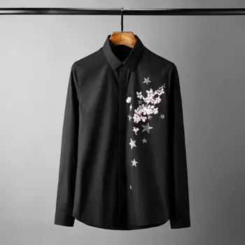 

New Mens Shirts Luxury Diamond Plum Blossom Printed Long Sleeve Mens Dress Shirts Plus Size 4xl Slim Fit Party Male Shirts