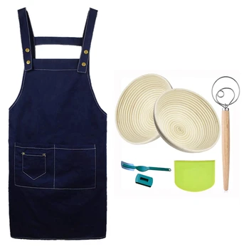 

New 1 Set Basket Proofing Basket Proofing Bowl with Liner + Dough Whisk + Dough Scraper + Lame & 1 Pcs Catering Apron