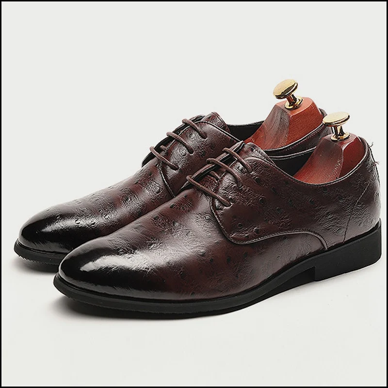 New Vintage Man Formal Dress Shoes Genuine Leather Ostrich Pattern Oxfords Pointed Toe Derby Men's Office Party Flats SS591