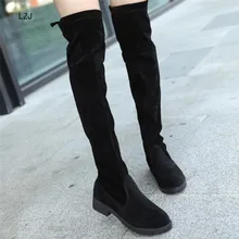 LZJ/ г. Облегающие сапоги пикантные зимние сапоги до колена из замши новые женские модные удобные теплые сапоги до бедра зимние сапоги для женщин