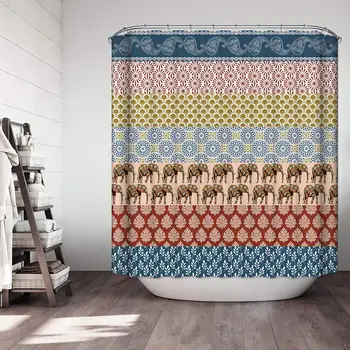 

Elephant Striped Shower Curtain, Indian Bohemian Mandala Bath Curtain, Colorful Home Décor, 72”x 72” Polyester Fabric Waterproof