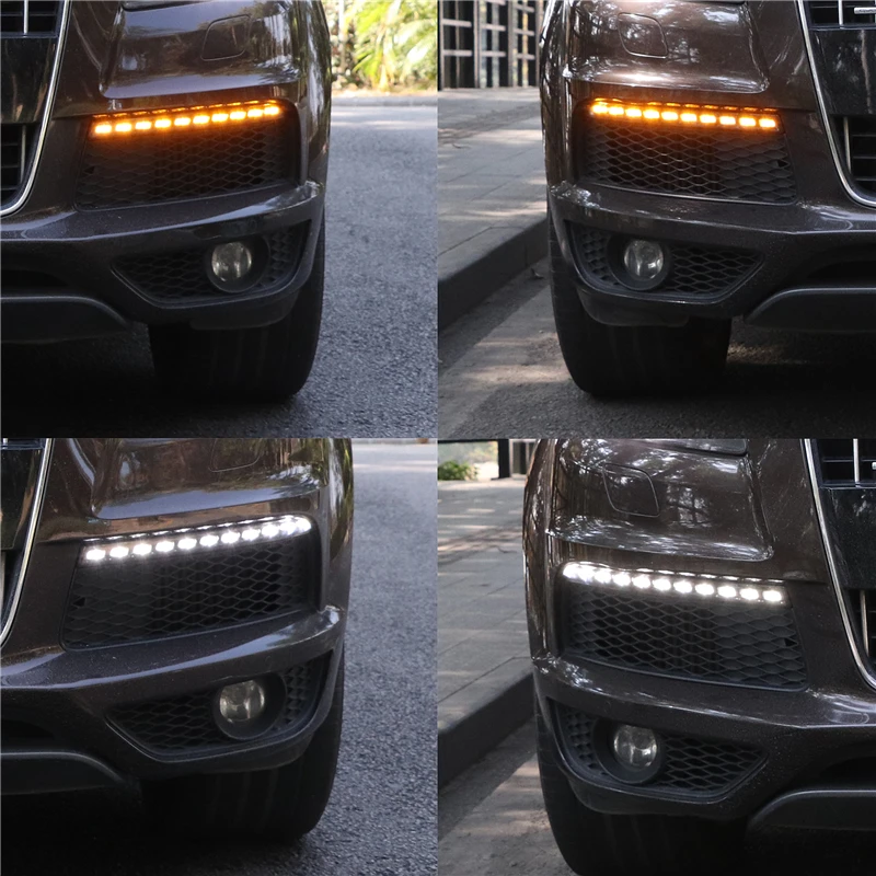 1 Set 12V LED DRL Car Styling Daytime Running Lights Dynamic Yellow Turn Signal Lamp Auto Accessories For Audi Q7 2010-2015