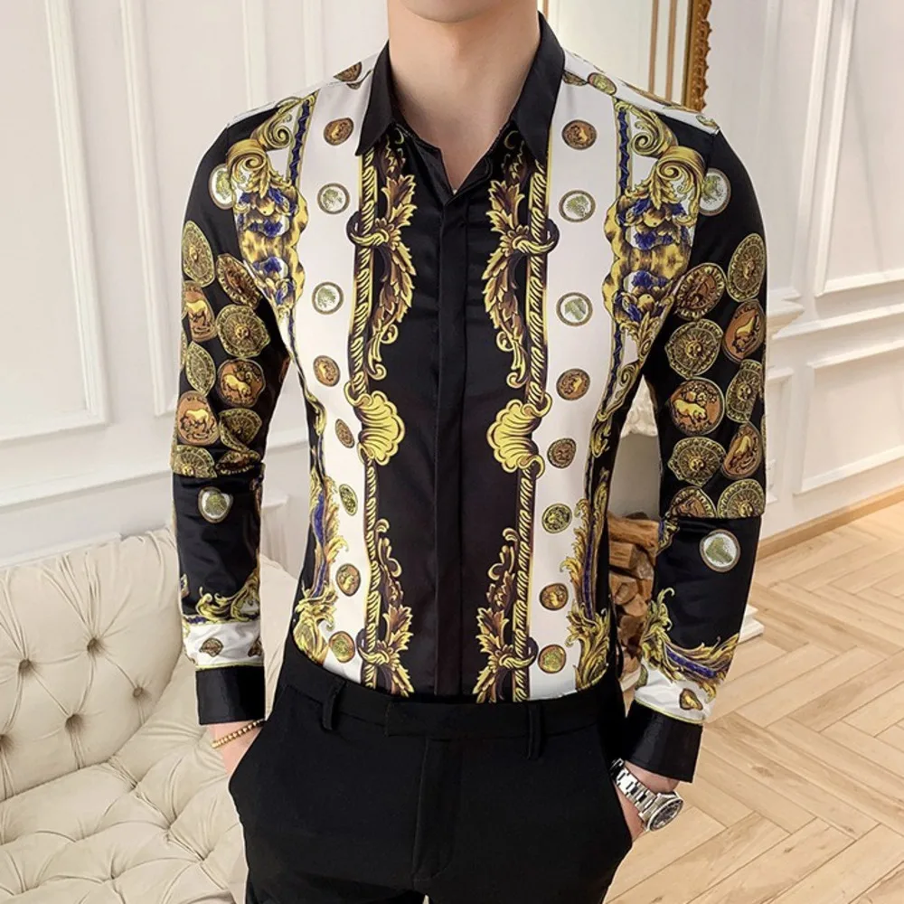 Kemeja Pria Gambar Cetak Emas Mewah Kemeja Pria Lengan Panjang Slim Fit Kemeja  Tuksedo Vintage Kerja Klub Camisa Sosial Masculina|Kemeja kasual| -  AliExpress
