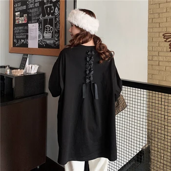 

2020 Summer New Plus Size Women Korean Style T-shirt The Back Lace Casual Loose Short Sleeve Women Tshirt Long Top Blusas