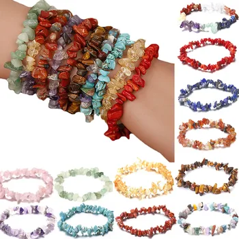 

New Healing Natural Stone Crystals Chips Tourmaline Strand Bead Bracelets For Women Elastic Hand Chain Fashion Party Jewelry