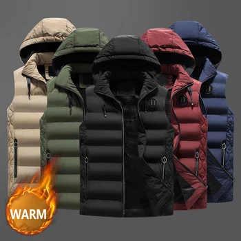 

2019 Winter Fashion Men Vest Sleeveless Thick Warm Jackets Men Casual Hooded Coats British Designer Inner Velvet Parka Hombre