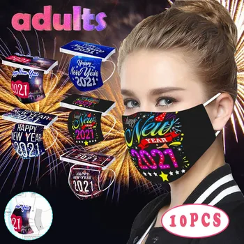 

2021 Happy New Years Mask Adult Disposable Christmas Face Mask 3 Layer Earring Mouth Covering Mascarilla Deportiva