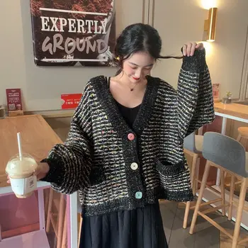 

Women 2020 Spring Autumn Fashion V-Neck Tweed Cropped Knitted Cardigan Sweater Female Vintage Long Sleeve Sweaters Chic Top L448