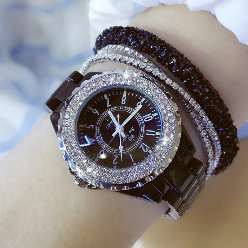 Керамика белый часы Для женщин Элитный бренд, с бриллиантами, кварцевые женские часы Стразы Для женщин наручные часы Reloj Montre Femme