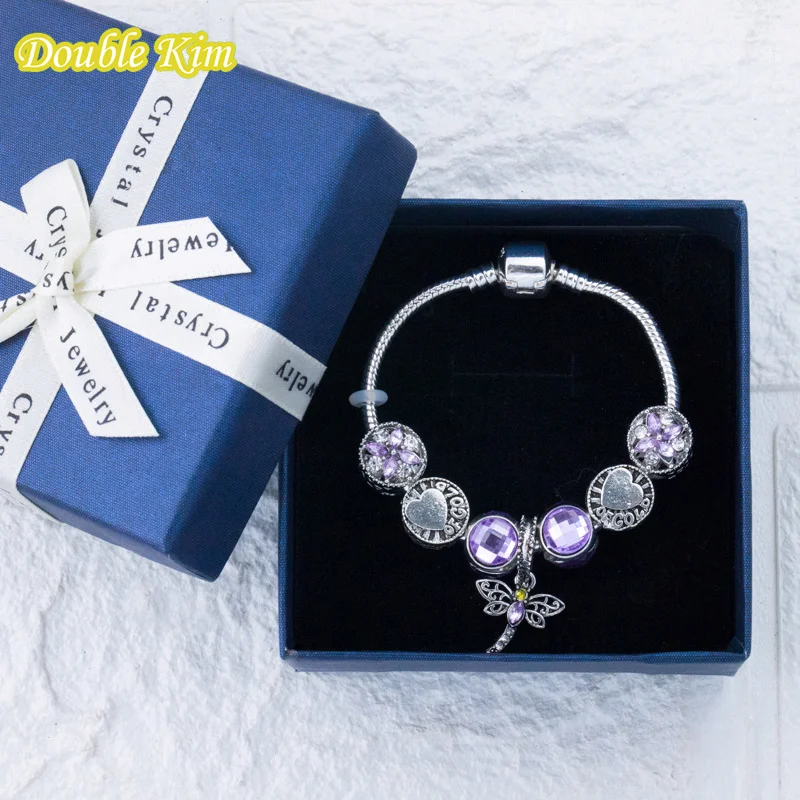 Charm Bracelet Alloy Zircon Crystal Purple Dragonfly Pendant Fit Original Bracelets Bangle Fashion Europe Pulseras Jewellery | Украшения и