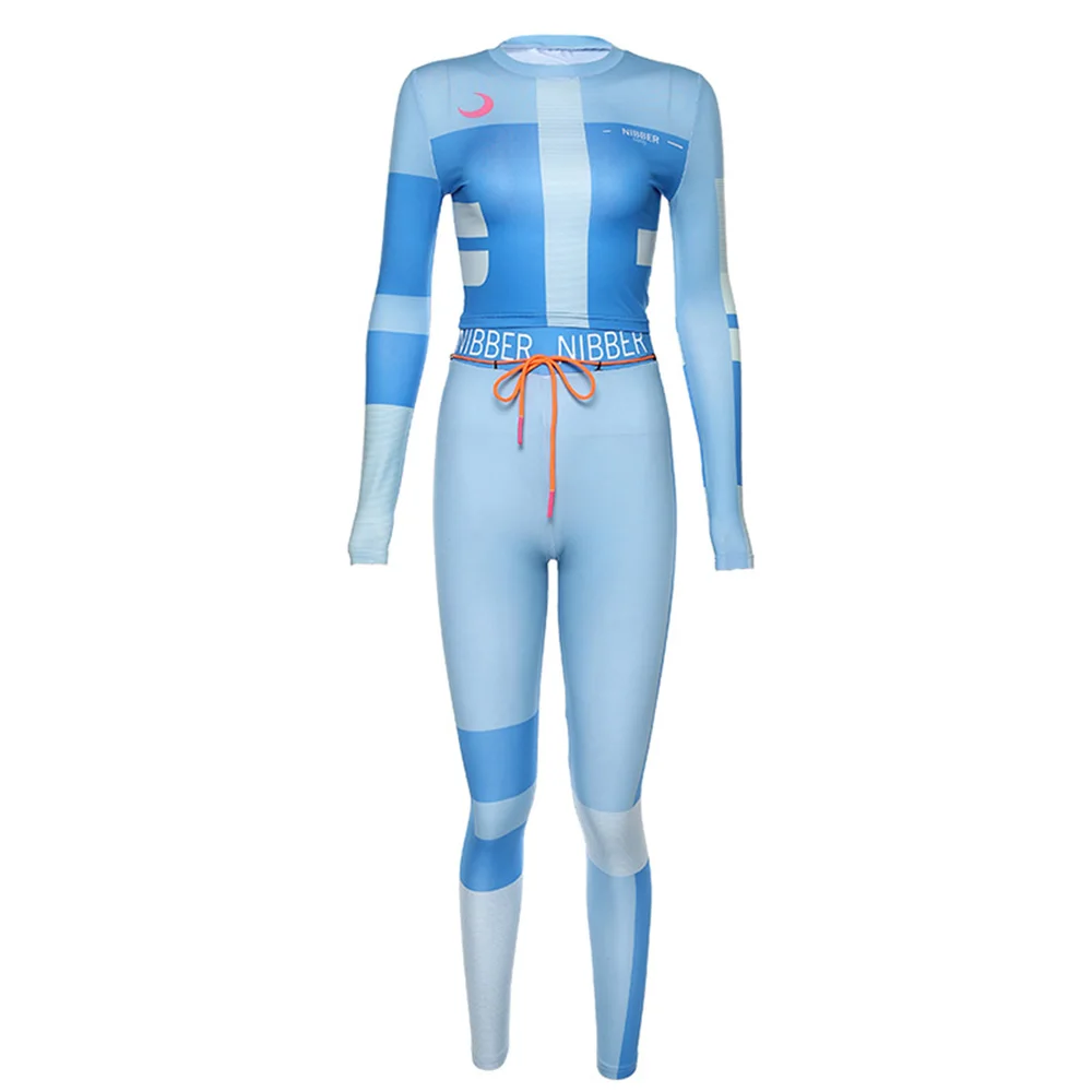 Сексуальные женские спортивные костюмы из двух частей, спортивные фитнес леггинсы с высокой талией, зимние весенние одинаковые комплекты, тренировочный костюм - Цвет: blue