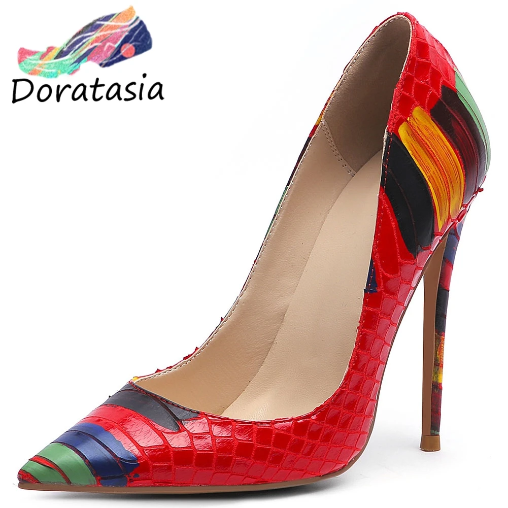 

DORATASIA New Girl Cool Graffi Pointed Toe Pumps Fashion Party mixed-color Pumps Women Super High Heels Shoes Woman