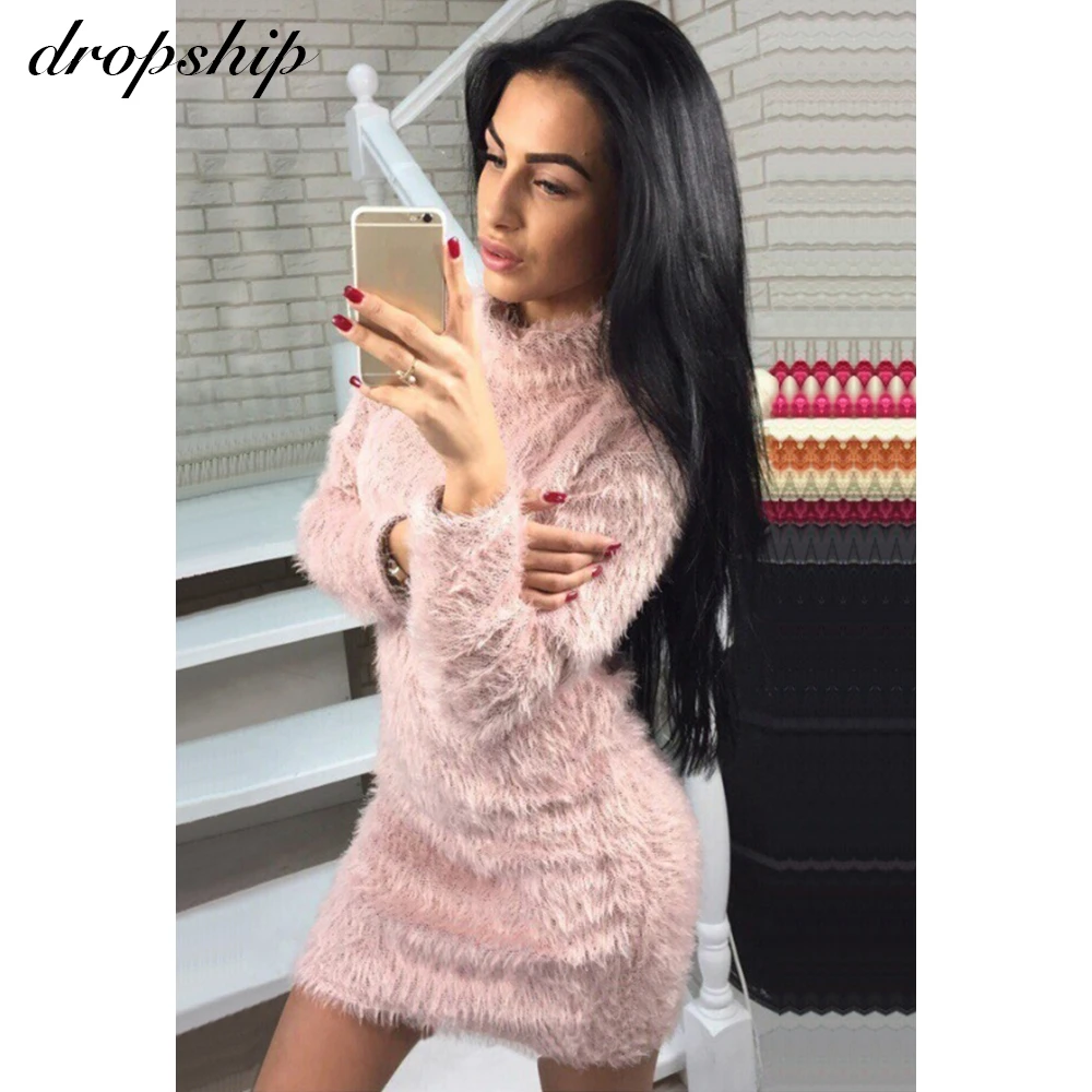 

Women Causal Turtleneck Sweater Mini Dress Female Autumn Winter Solid Color Long Sleeve Knitted Party Outwear Sweaters Dresses
