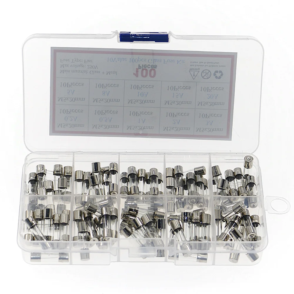 Mini Fuse Kit 100Pcs/Box 5x20mm Fast-blow Glass Fuse Assorted Kit 0.2A 0.5A 1A 2A 3A 5A 8A 10A 15A 20A Amp Fuses Electrical Fuse Tube Mix Set