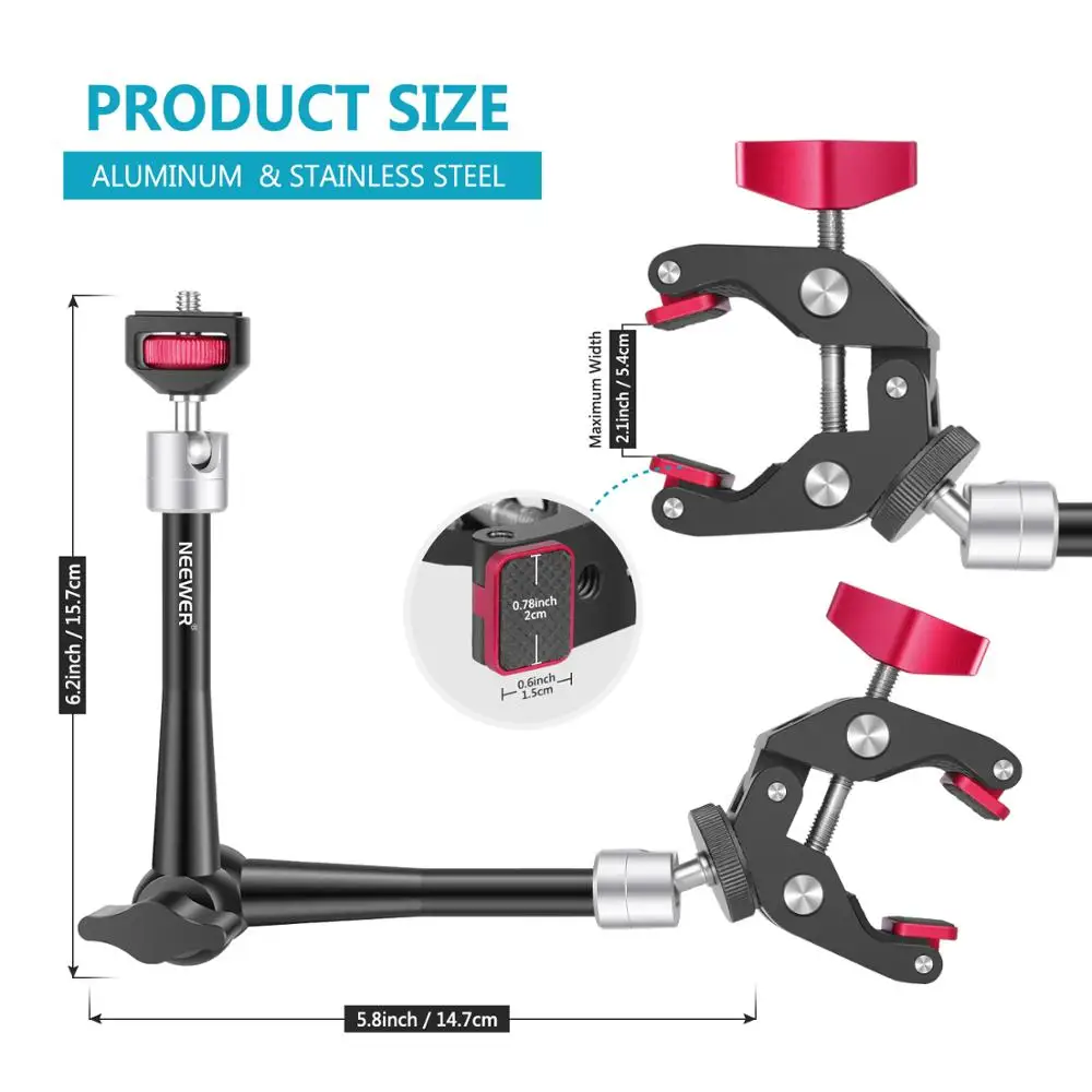 Neewer 11 дюймов Регулируемый шарнирный фрикционный магический рычаг с супер зажимом, прочный алюминиевый сплав для DSLR/беззеркальных камер