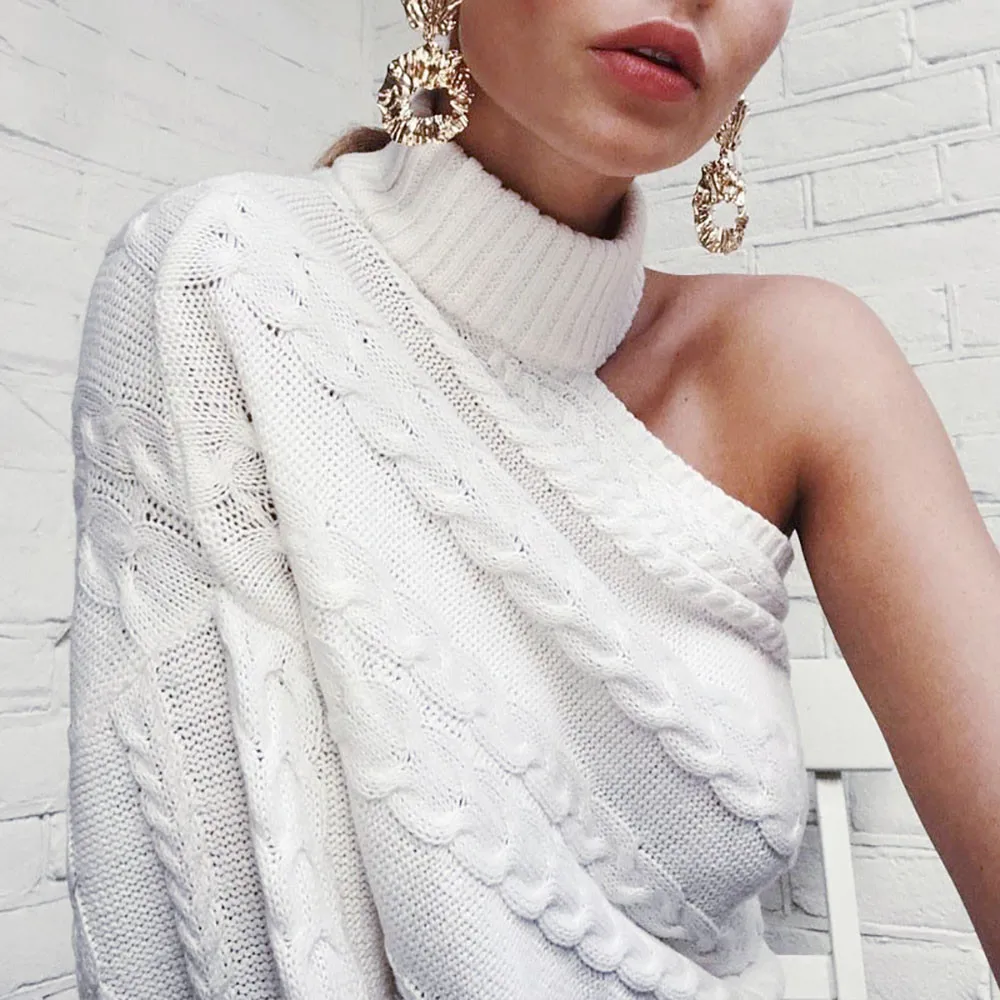 Stylish Bar 2019 Twist Pattern Turtleneck Sweater Women Casual Solid Knitted Off Single Shoulder Sweaters Pull Femme Hiver | Женская