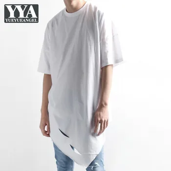

Hip Hop Loose Fit Asymmetrical Mens T-Shirts Casual Short Sleeve Pullover Hole Ripped Personality Summer Tees Gothic Black Tops