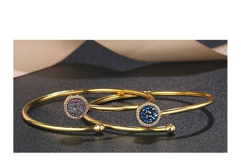 ShinyGem классический сверкающий 5A циркониевый Открытый браслет позолоченный круглый натуральный Друза камень браслет для женщин