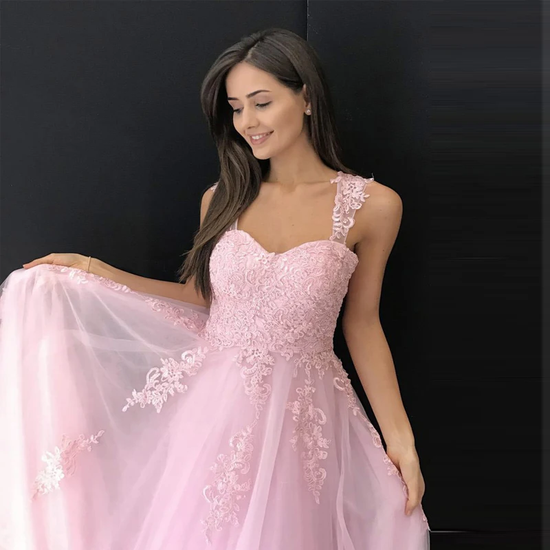 Prom Long Elegant Dresses Sweetheart Sleeveless A-line Tulle Teal Prom Dresses Pink Applique Sexy Vestido Formatura