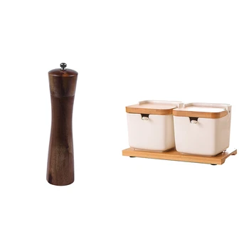 

Wood Salt Pepper Grinder Mill & Sugar Bowl with Lids and Spoons,8.54Oz Ceramic Sugar Jar with Spoon,Condiment Spice Jar