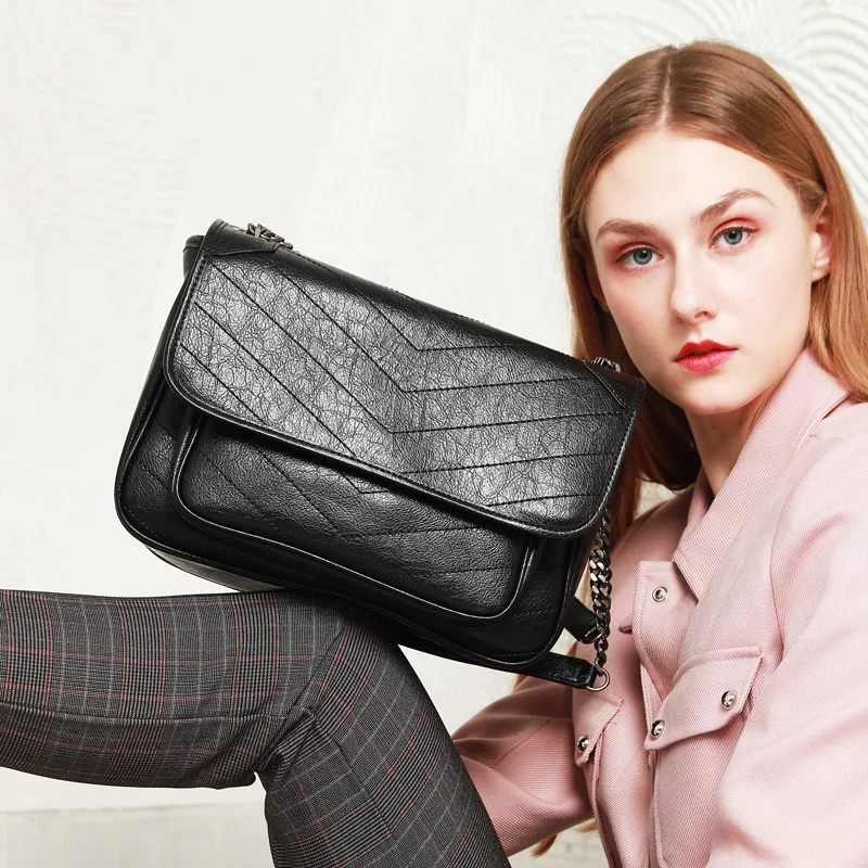 Goede Burminsa Ketting Gewatteerde Vrouwen Echt Lederen Tassen Vintage Design Crossbody Tassen Grote Capaciteit Werk Vrouwelijke Schoudertassen 2020
