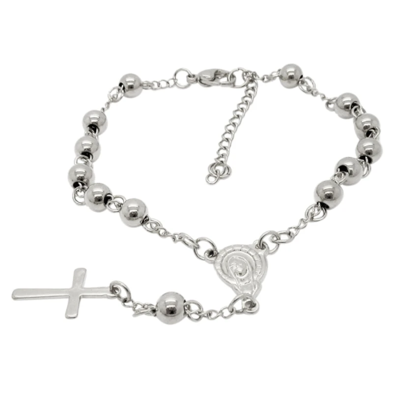 Stainless Steel Rosary Women Christe Beads Bracelet Vintage Jesus Christ Crucifix Cross Bracelet Bead Chain Wristband Croca Char