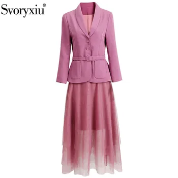 

Svoryxiu Designer Fashion Office Lady Skirt Suit Women Elegant Long Sleeve Single-Breasted Blazer + Mesh Skirt Autumn Suit