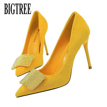 

BIGTREE 2020 Yellow Red Flock High Heels Crystal Concise Office Career Woman Pumps Shoes Beautiful Women‘s Dress Stilettos Shoes