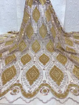 

2019 Latest Golden French Net Laces with velvet fabric Fabrics High Quality Tulle African Laces Fabric Nigerian Wedding(7-19