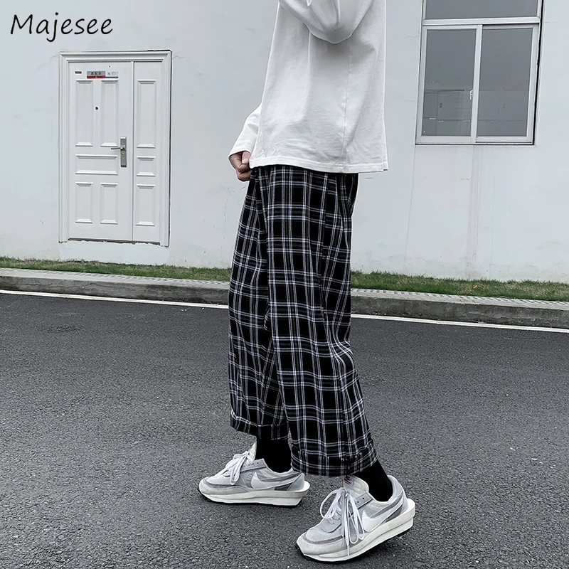 Casual Pants Men Straight Harajuku Streetwear Korean Style Plaid Ankle-length Elastic Waist Students Trousers All-match Retro Casual Pants