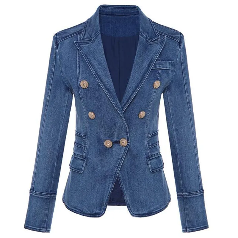

High Quality Denim Blazer Fashion Casual 2019 New Designer Women Double Lion Button Long Sleeve Jeans Jacket Outwear Coat Tops