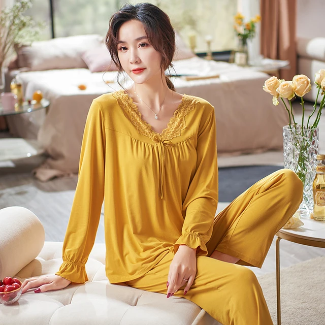 Soft Modal Pajamas Set Women Long Sleeve Tops + Long Pants Ladies Sleepwear  Solid Color V-Neck Elegant Lace Female Home Clothing - AliExpress