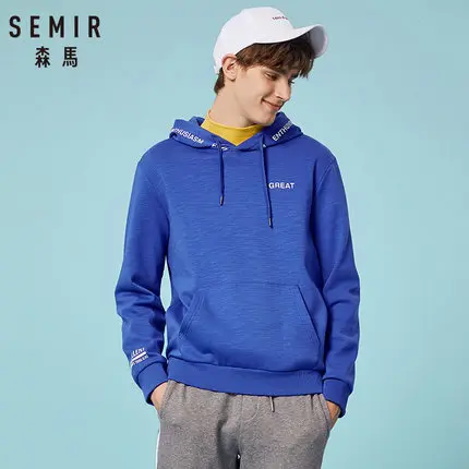 SEMIR, мужская толстовка с капюшоном на флисовой подкладке с принтом, пуловер с карманом-кенгуру, толстовка с капюшоном на шнурке, трикотажная резинка на манжетах и подоле - Цвет: Chinese Blue