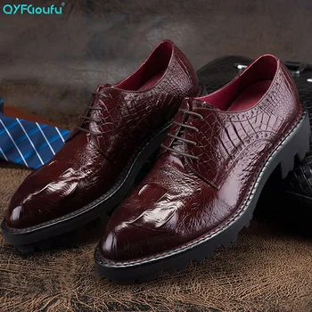 

QYFCIOUFU Fashion Mens Dress Shoes Genuine Leather Pointed Toe Men Formal Oxford Flat Lace-up Crocodile Pattern Wedding Shoes