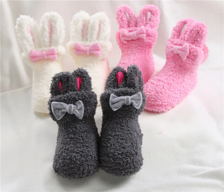 Baby Girls Bow Rabbit Modeling Socks Coral Velvet Warm Short Socks Autumn& Winter Infant CHILDREN'S Socks Floor Socks