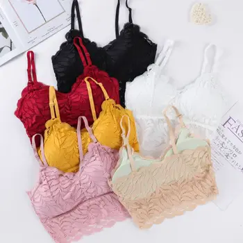 

Women Spaghetti Straps Sexy Bralette Sheer Crochet Lace Seamless Underwear Solid Color Padded Wirefree Camis Top