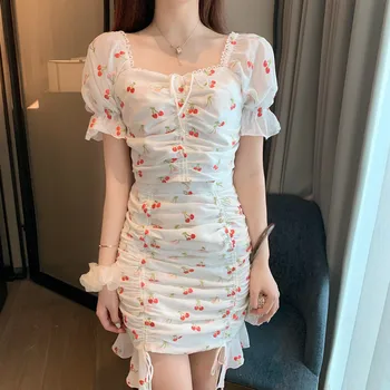 

Summer 2020 New Fashion Women's Drawstring Short Sleeve Square Collar Floral Top + High Waist Bodycon Skirt Two-piece Set