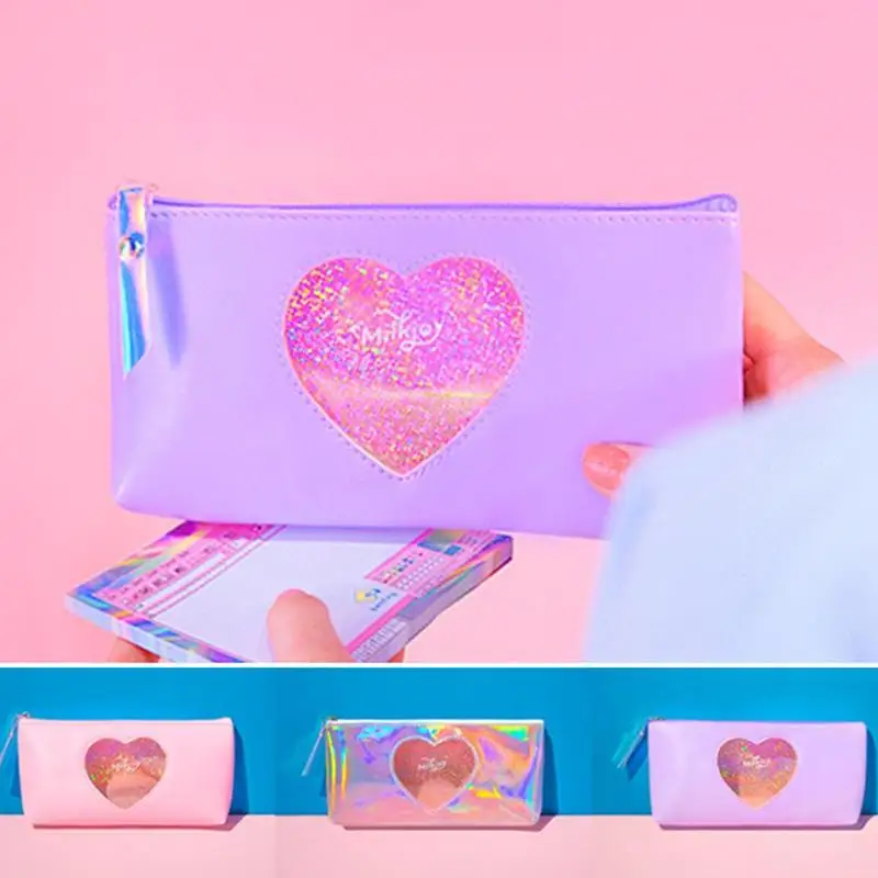 Мини-чехол для карандашей Kawaii Diamond Love School, милая лазерная ручка для канцелярских принадлежностей, прозрачная сумка для девочек, чехол для карандашей, большой пенал K7X0
