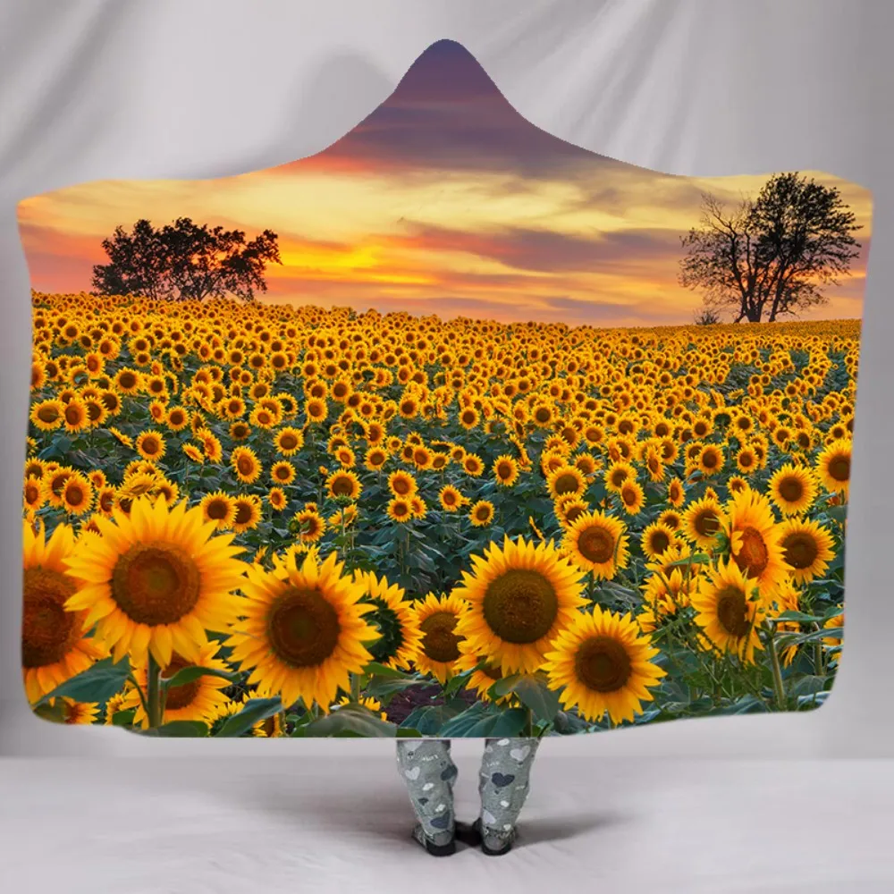 

New Sunflower Sherpa Fleece Throw Blanket Nordic Style Flower Sofa Blanket for Home Soft Cozy Wearable Hooded Blanket for Girls