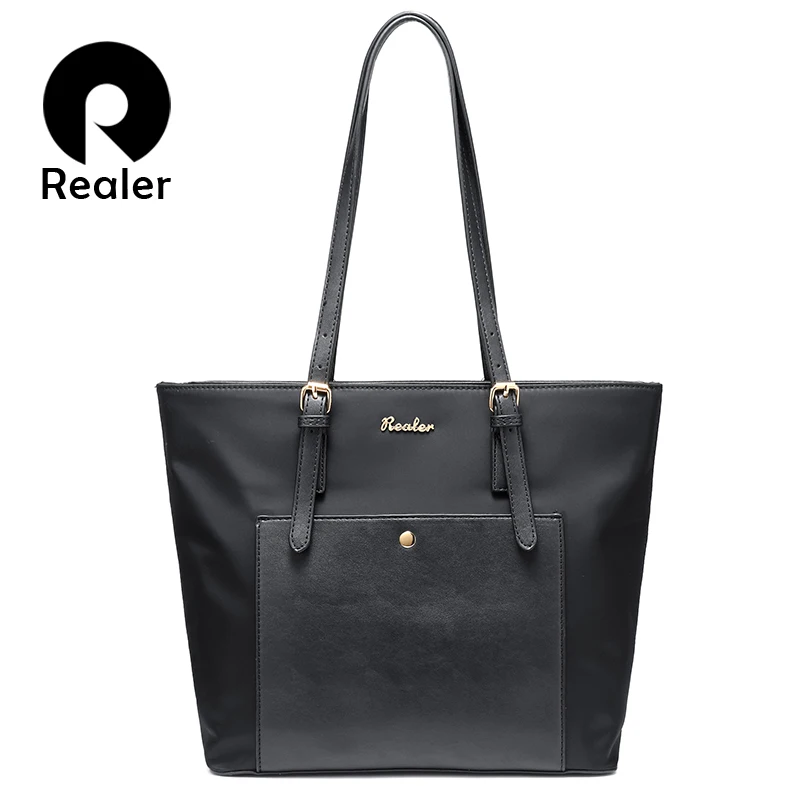 

REALER women handbag large oxford tote bag female shoulder bag with pockets ladies designer purses Black/Blue