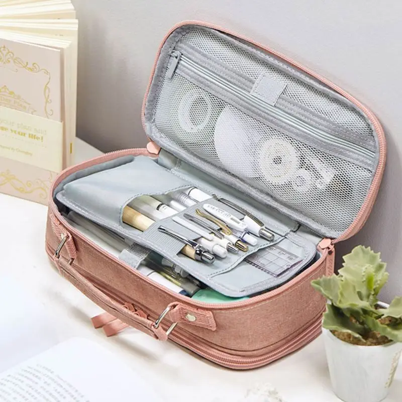 

Large Capacity Double Layer Pencil Case Canvas Portable Storage Bag Stationery