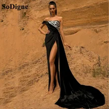 SoDigne – robe de soirée en velours noire, asymétrique épaule dénudée, longue, paillettes brillantes, robe de soirée élégante, fente latérale, robes de bal arabes 