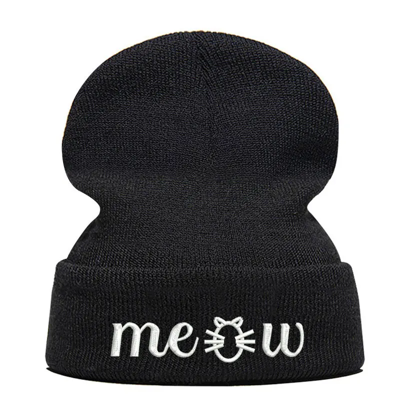 Beanie шляпа Skullie шапка, вязаная шапка-носок зима-осень вышивка в стиле панк Для мужчин Для женщин подростков уличных танцев забавные Мяу