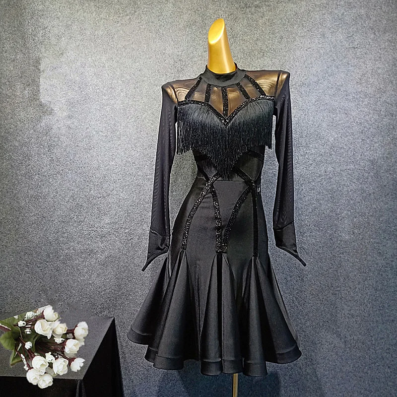 Женское платье для латинских танцев, Vestido Flecos, с кисточками, Фламенго, Румба/Танго/Сальса, конкурентное черное, красное, латинское платье, новинка