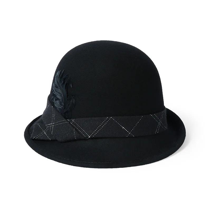 FS Женская классическая шляпа-котелок из перьев черного цвета хаки, трендовая Шляпа Fedora для леди, винтажная серая красная шерстяная фетровая шляпа, подарок матери - Цвет: Black