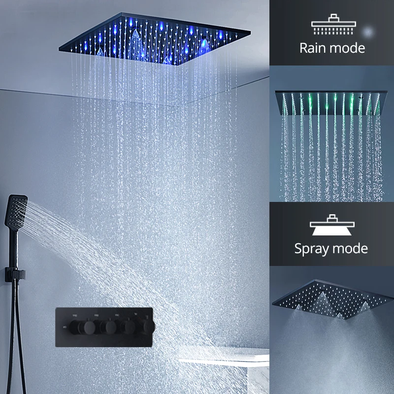 Description Picture 2 of itemHotel Modern Black Shower Set LED Ceiling Rainfall Mist Shower Panel Head Thermostatic Diverter Valve 3 Functions Bathroom
